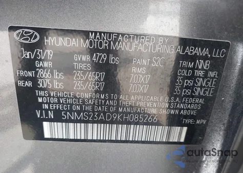 2019 Hyundai Santa Fe Se z USA, uszkodzony, nr VIN 5NMS23AD9KH085266